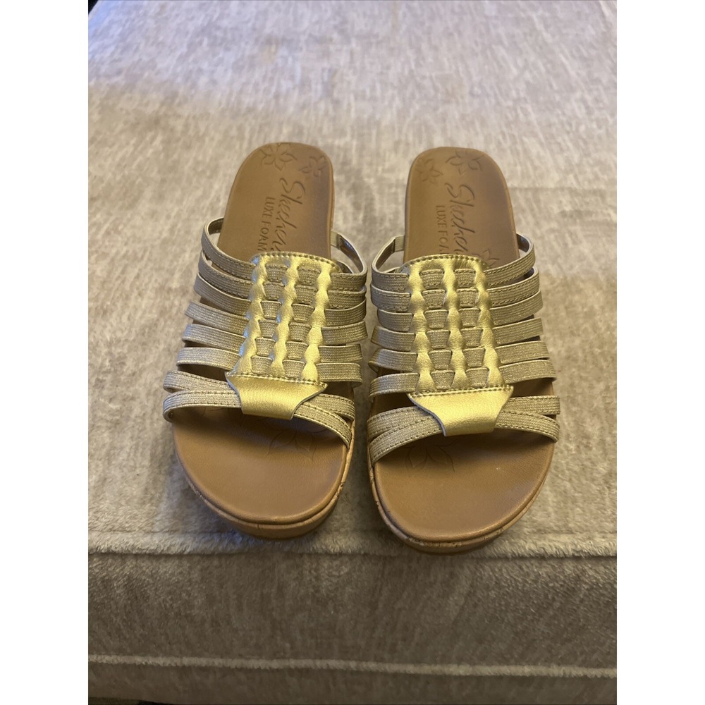 Skechers Luxe Foam Sandals Women Sz 9 Brit Girl Wonder Gold Cork Platform Wedge